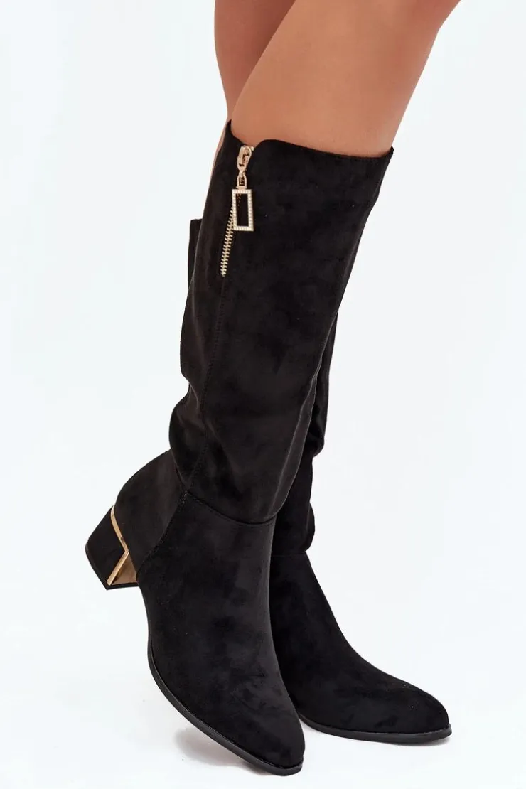 Boto Kozaki Ocieplane|Kozaki Przed Kolano*Kozaki Damskie Na Obcasie Z Eko Zamszu Czarne Lyvienne Czarny