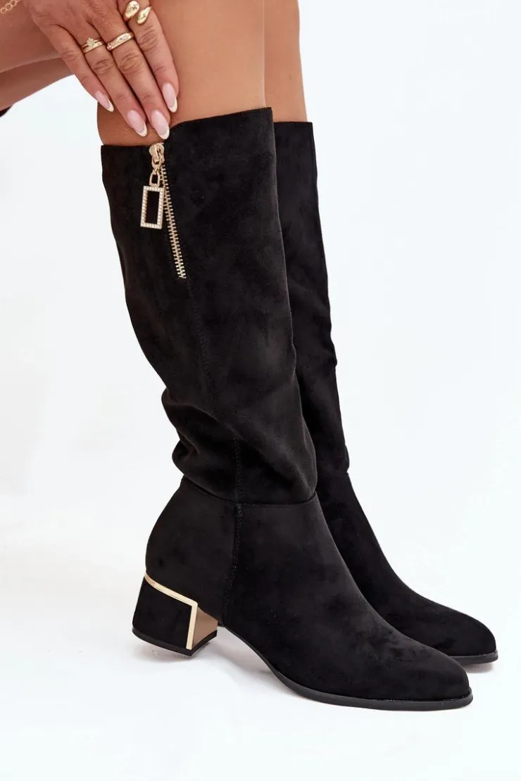 Boto Kozaki Ocieplane|Kozaki Przed Kolano*Kozaki Damskie Na Obcasie Z Eko Zamszu Czarne Lyvienne Czarny