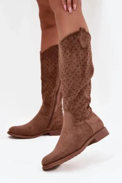 Damskie buty S.Barski Kozaki Ażurowe|Kozaki Płaskie*Kozaki Damskie Na Płaskim Obcasie Z Ażurowym Wzorem S.Barski HY52-531 Brązowe Brązowy