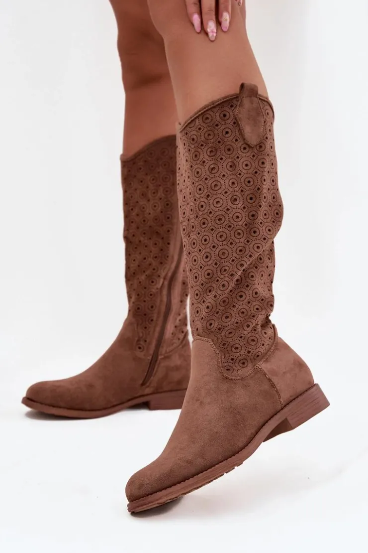 Damskie buty S.Barski Kozaki Ażurowe|Kozaki Płaskie*Kozaki Damskie Na Płaskim Obcasie Z Ażurowym Wzorem S.Barski HY52-531 Brązowe Brązowy