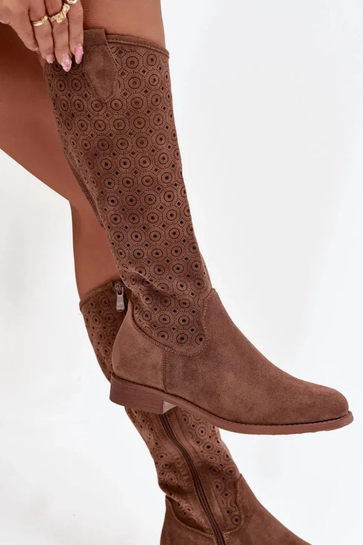 Damskie buty S.Barski Kozaki Ażurowe|Kozaki Płaskie*Kozaki Damskie Na Płaskim Obcasie Z Ażurowym Wzorem S.Barski HY52-531 Brązowe Brązowy