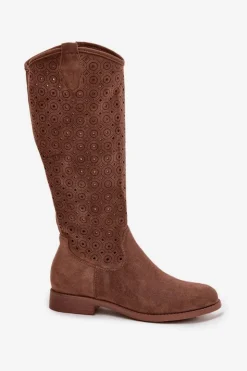 Damskie buty S.Barski Kozaki Ażurowe|Kozaki Płaskie*Kozaki Damskie Na Płaskim Obcasie Z Ażurowym Wzorem S.Barski HY52-531 Brązowe Brązowy