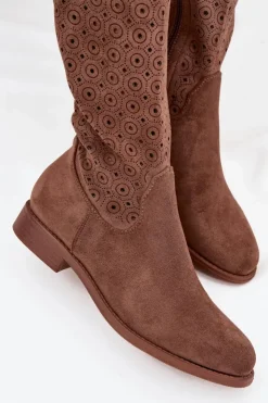 Damskie buty S.Barski Kozaki Ażurowe|Kozaki Płaskie*Kozaki Damskie Na Płaskim Obcasie Z Ażurowym Wzorem S.Barski HY52-531 Brązowe Brązowy