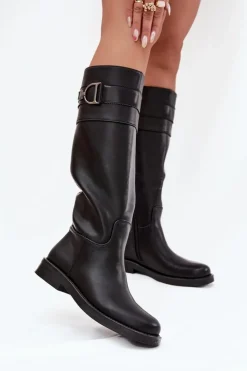 Damskie Boto Kozaki Damskie Na Płaskim Obcasie Z Ozdobnym Detalem Czarne Arvessa