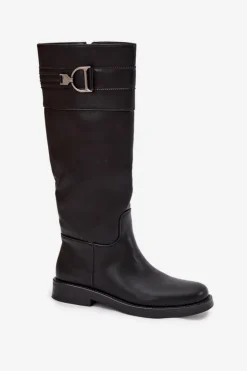 Damskie Boto Kozaki Damskie Na Płaskim Obcasie Z Ozdobnym Detalem Czarne Arvessa