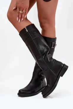 Damskie Boto Kozaki Damskie Na Płaskim Obcasie Z Ozdobnym Detalem Czarne Arvessa