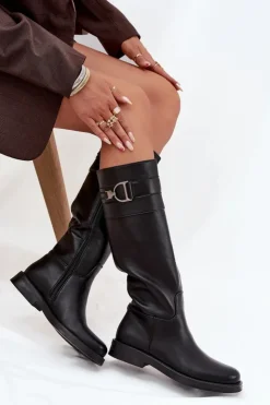 Damskie Boto Kozaki Damskie Na Płaskim Obcasie Z Ozdobnym Detalem Czarne Arvessa