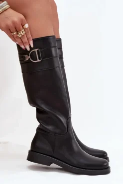 Damskie Boto Kozaki Damskie Na Płaskim Obcasie Z Ozdobnym Detalem Czarne Arvessa