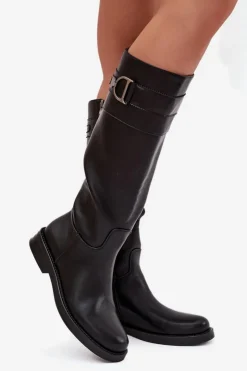 Damskie Boto Kozaki Damskie Na Płaskim Obcasie Z Ozdobnym Detalem Czarne Arvessa