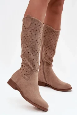 Damskie Damskie buty S.Barski Kozaki Damskie Na Płaskim Obcasie Z Ażurowym Wzorem S.Barski HY52-531 Beżowe