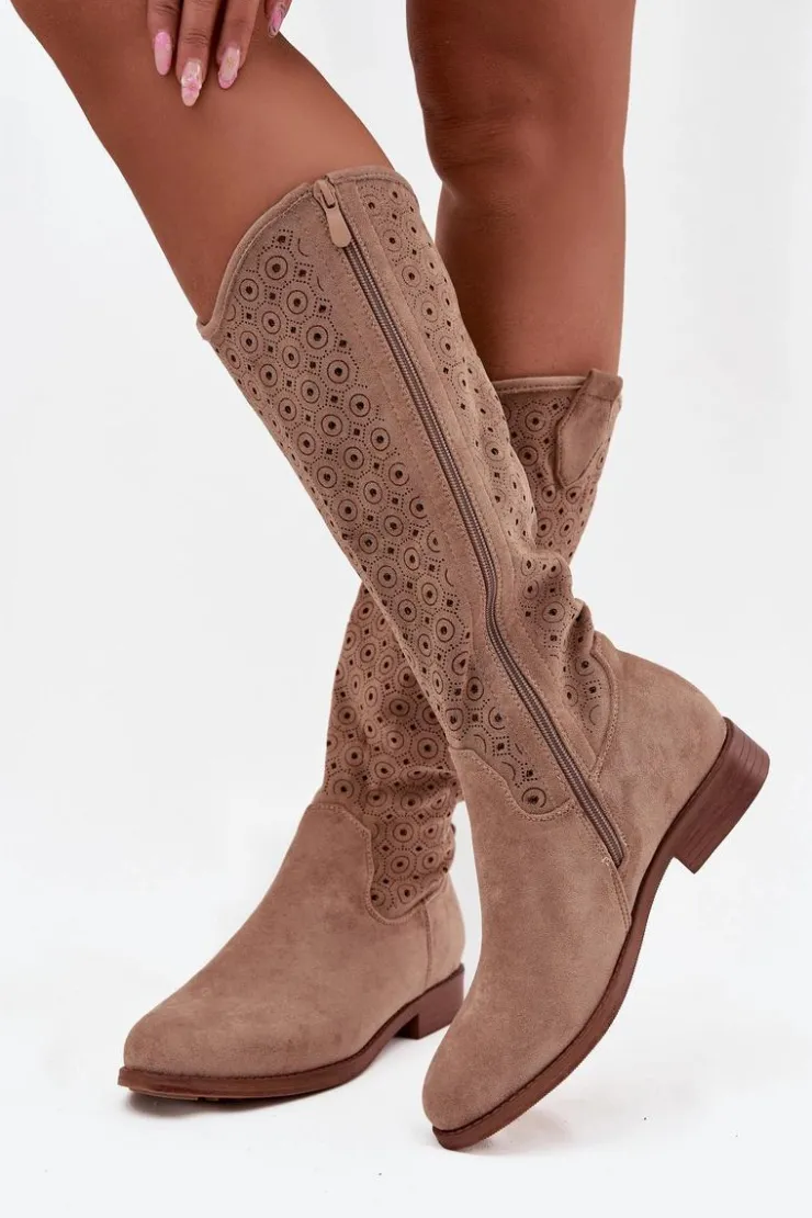 Damskie Damskie buty S.Barski Kozaki Damskie Na Płaskim Obcasie Z Ażurowym Wzorem S.Barski HY52-531 Beżowe