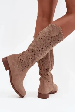 Damskie Damskie buty S.Barski Kozaki Damskie Na Płaskim Obcasie Z Ażurowym Wzorem S.Barski HY52-531 Beżowe