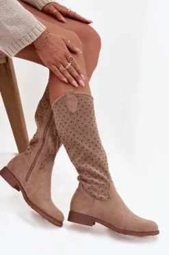 Damskie Damskie buty S.Barski Kozaki Damskie Na Płaskim Obcasie Z Ażurowym Wzorem S.Barski HY52-531 Beżowe