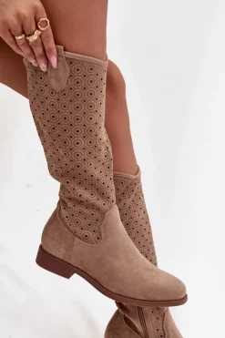 Damskie Damskie buty S.Barski Kozaki Damskie Na Płaskim Obcasie Z Ażurowym Wzorem S.Barski HY52-531 Beżowe