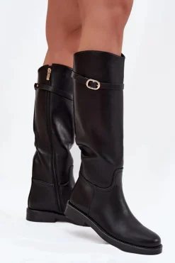 Best Boto Kozaki Damskie Na Płaskim Obcasie Z Paskiem I Złotą Klamrą Czarne Sylvena