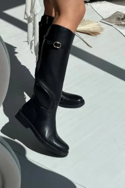 Best Boto Kozaki Damskie Na Płaskim Obcasie Z Paskiem I Złotą Klamrą Czarne Sylvena