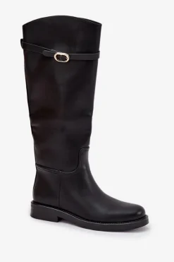 Best Boto Kozaki Damskie Na Płaskim Obcasie Z Paskiem I Złotą Klamrą Czarne Sylvena