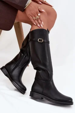 Best Boto Kozaki Damskie Na Płaskim Obcasie Z Paskiem I Złotą Klamrą Czarne Sylvena