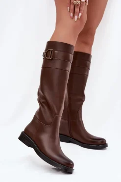 Outlet Boto Kozaki Damskie Na Płaskim Obcasie Z Ozdobnym Detalem Brązowe Arvessa