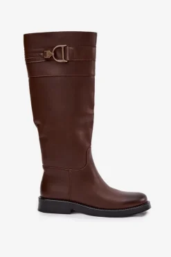 Outlet Boto Kozaki Damskie Na Płaskim Obcasie Z Ozdobnym Detalem Brązowe Arvessa