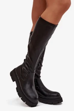 New Boto Kozaki Damskie Na Platformie Z Eko Skóry Czarne Marivelle