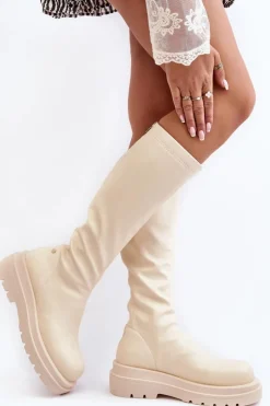 GOE Kozaki Płaskie|Kozaki Przed Kolano*Kozaki Damskie Na Platformie Z Suwakiem MM2N4067 Jasnobeżowe