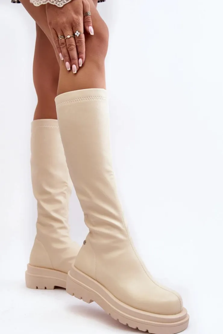 GOE Kozaki Płaskie|Kozaki Przed Kolano*Kozaki Damskie Na Platformie Z Suwakiem MM2N4067 Jasnobeżowe