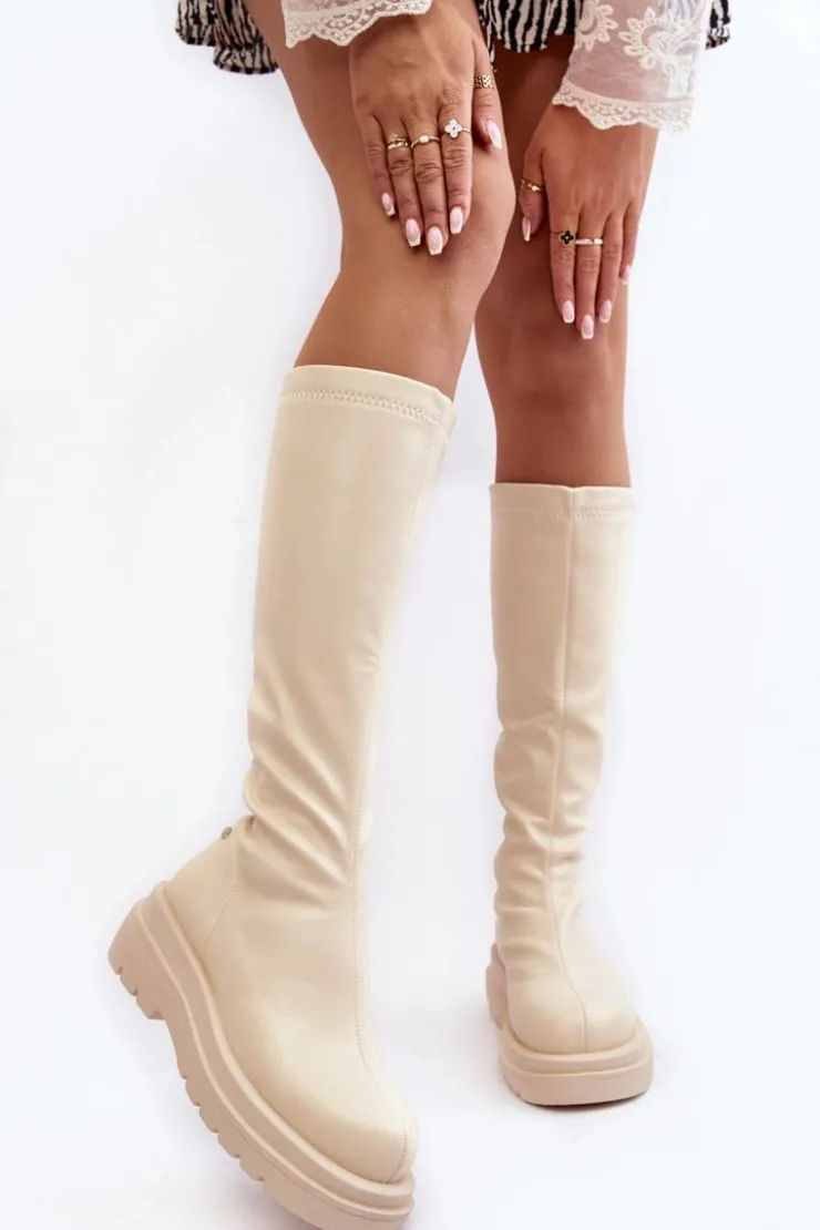 GOE Kozaki Płaskie|Kozaki Przed Kolano*Kozaki Damskie Na Platformie Z Suwakiem MM2N4067 Jasnobeżowe