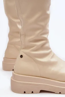 GOE Kozaki Płaskie|Kozaki Przed Kolano*Kozaki Damskie Na Platformie Z Suwakiem MM2N4067 Jasnobeżowe