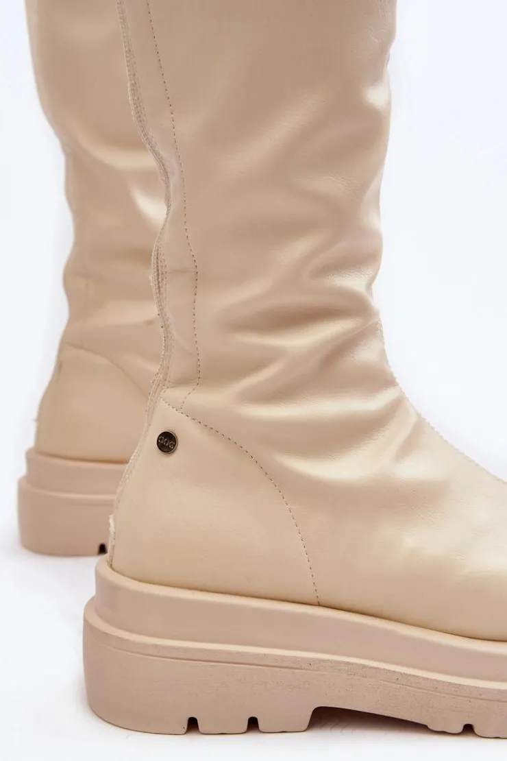 GOE Kozaki Płaskie|Kozaki Przed Kolano*Kozaki Damskie Na Platformie Z Suwakiem MM2N4067 Jasnobeżowe