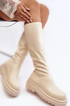 GOE Kozaki Płaskie|Kozaki Przed Kolano*Kozaki Damskie Na Platformie Z Suwakiem MM2N4067 Jasnobeżowe