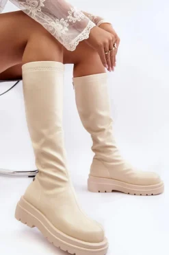 GOE Kozaki Płaskie|Kozaki Przed Kolano*Kozaki Damskie Na Platformie Z Suwakiem MM2N4067 Jasnobeżowe