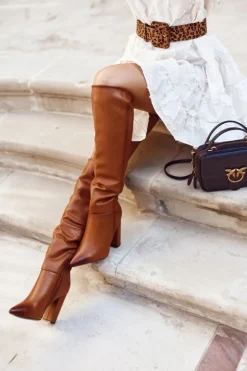 Damskie Boto Kozaki Damskie Na Słupku Ciepłe Camel Vellma