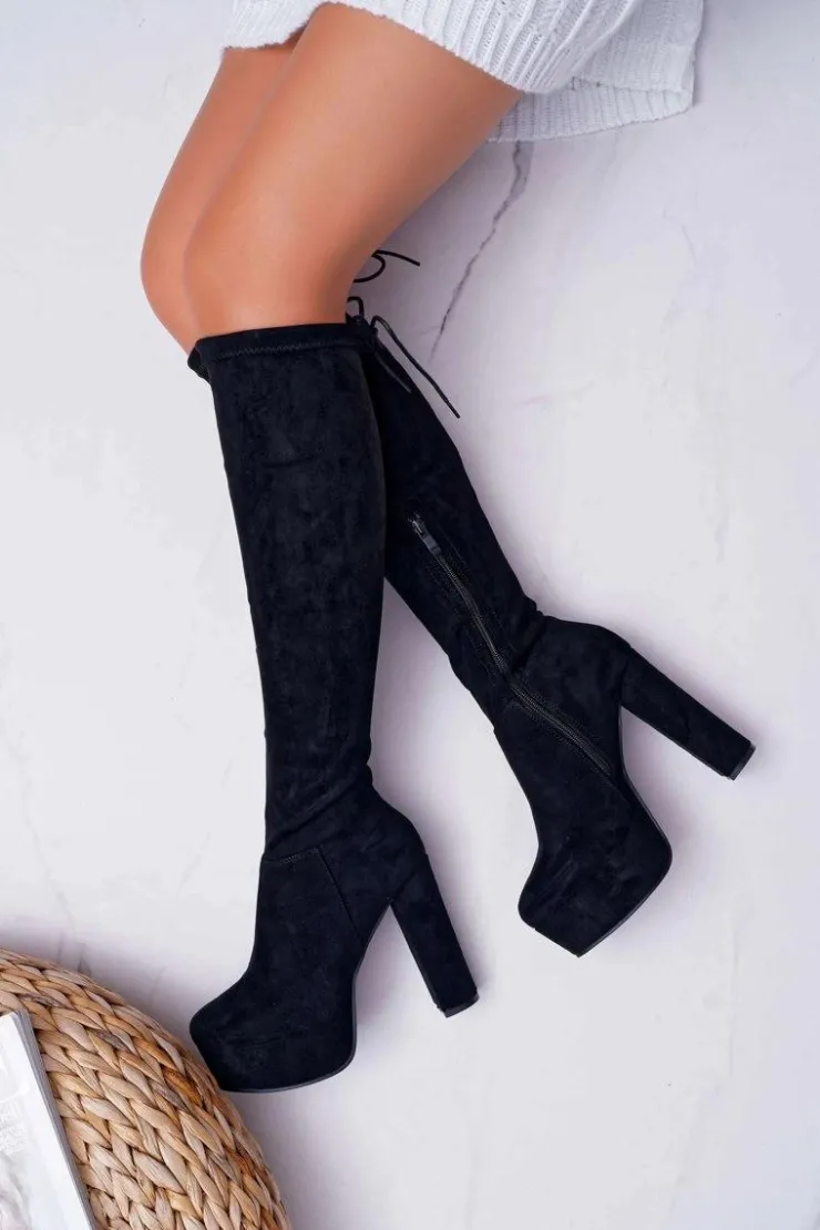 Damskie Boto Kozaki Damskie Na Słupku Czarne Kontiga