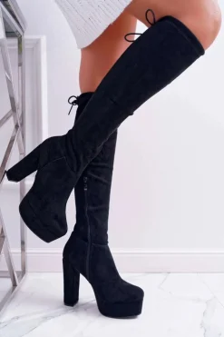 Damskie Boto Kozaki Damskie Na Słupku Czarne Kontiga