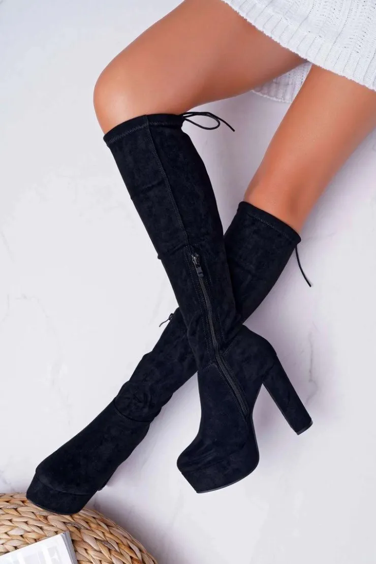 Damskie Boto Kozaki Damskie Na Słupku Czarne Kontiga