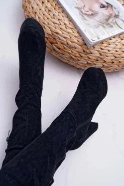 Damskie Boto Kozaki Damskie Na Słupku Czarne Kontiga