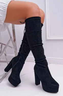 Damskie Boto Kozaki Damskie Na Słupku Czarne Kontiga