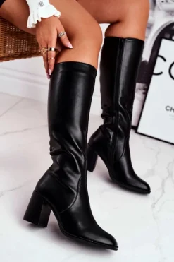 Sale Boto Kozaki Damskie Na Słupku Ciepłe Czarne Veronique