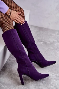 Damskie Boto Kozaki Damskie Na Słupku Do Kolana Fioletowe Truly Love