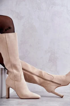 Boto Kozaki Na Słupku|Kozaki Wiosenne*Kozaki Damskie Na Słupku Do Kolana Beżowe Truly Love