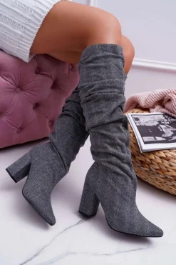 New Boto Kozaki Damskie Na Słupku Do Kolan Szare Termen