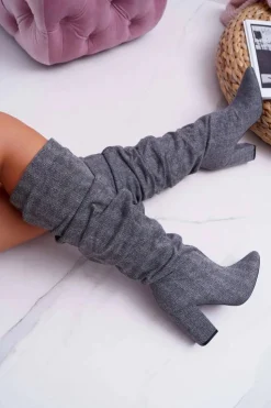 New Boto Kozaki Damskie Na Słupku Do Kolan Szare Termen