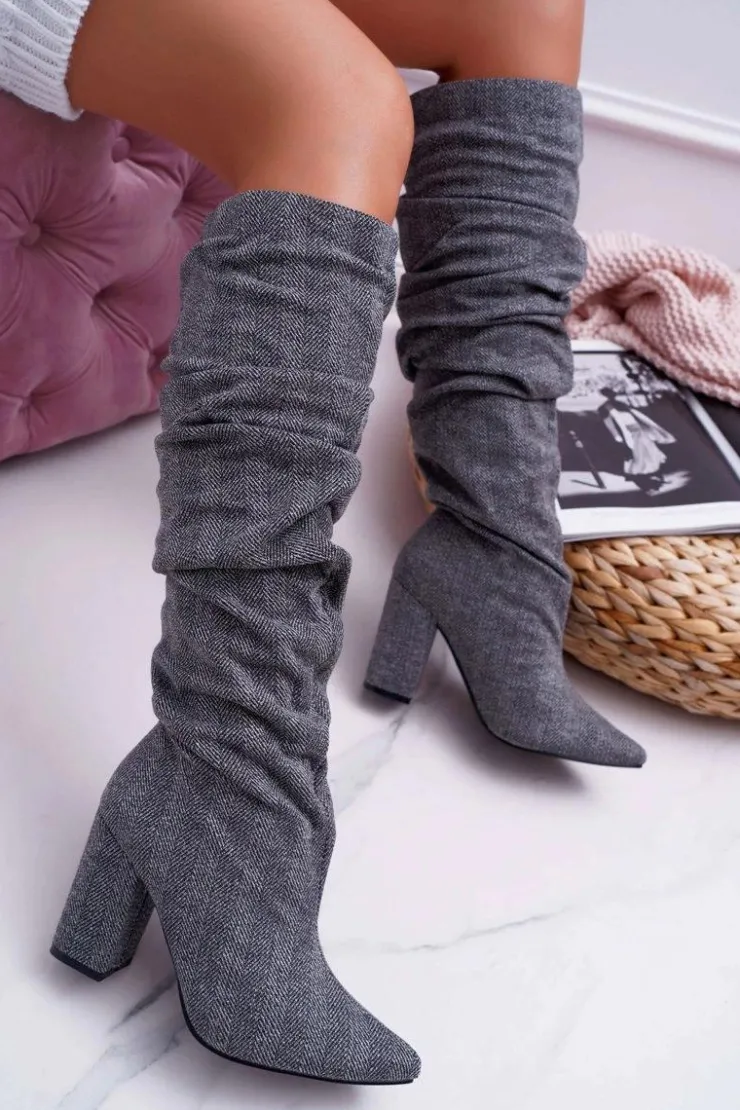 New Boto Kozaki Damskie Na Słupku Do Kolan Szare Termen