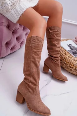 Discount Boto Kozaki Damskie Na Słupku Do Kolana Zamszowe Beżowe Lemane