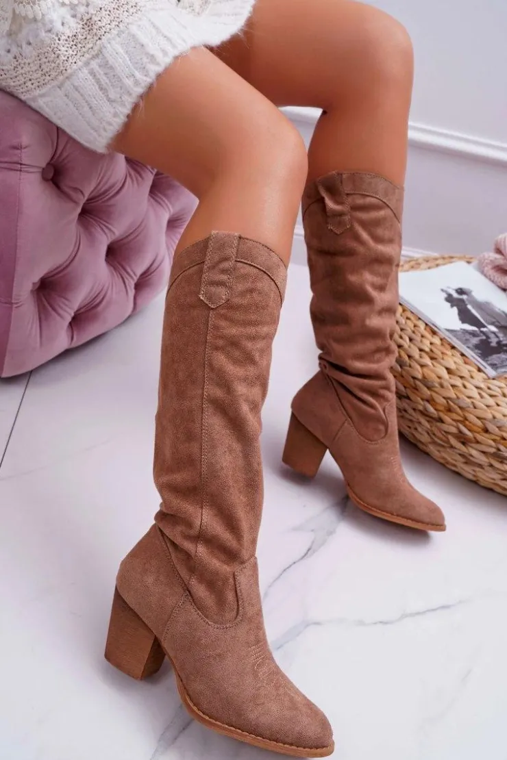 Discount Boto Kozaki Damskie Na Słupku Do Kolana Zamszowe Beżowe Lemane