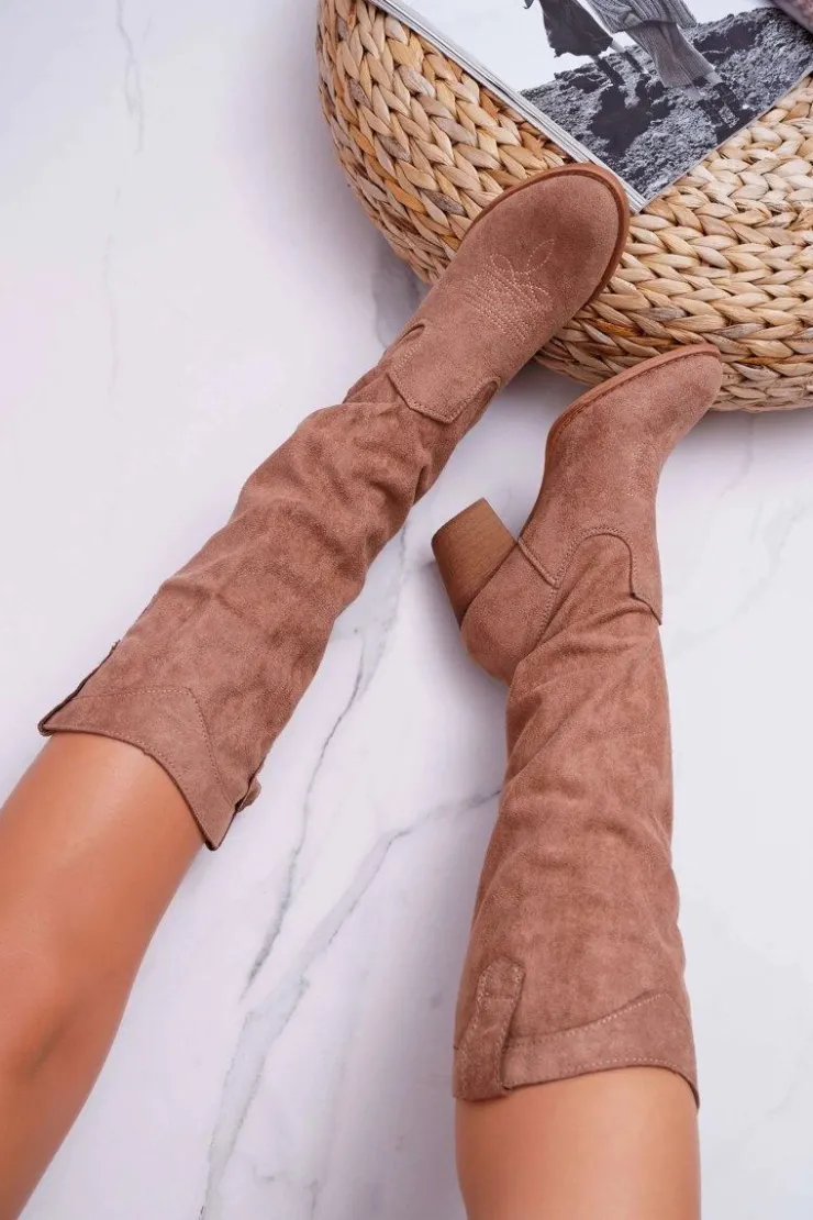 Discount Boto Kozaki Damskie Na Słupku Do Kolana Zamszowe Beżowe Lemane