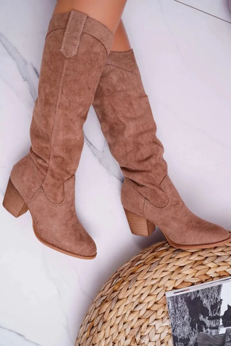 Discount Boto Kozaki Damskie Na Słupku Do Kolana Zamszowe Beżowe Lemane