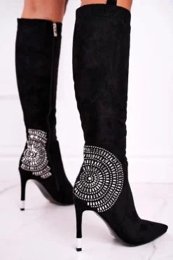 Discount Boto Kozaki Damskie Na Słupku Do Kolana Czarne Fashionable