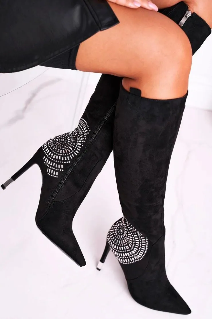 Discount Boto Kozaki Damskie Na Słupku Do Kolana Czarne Fashionable